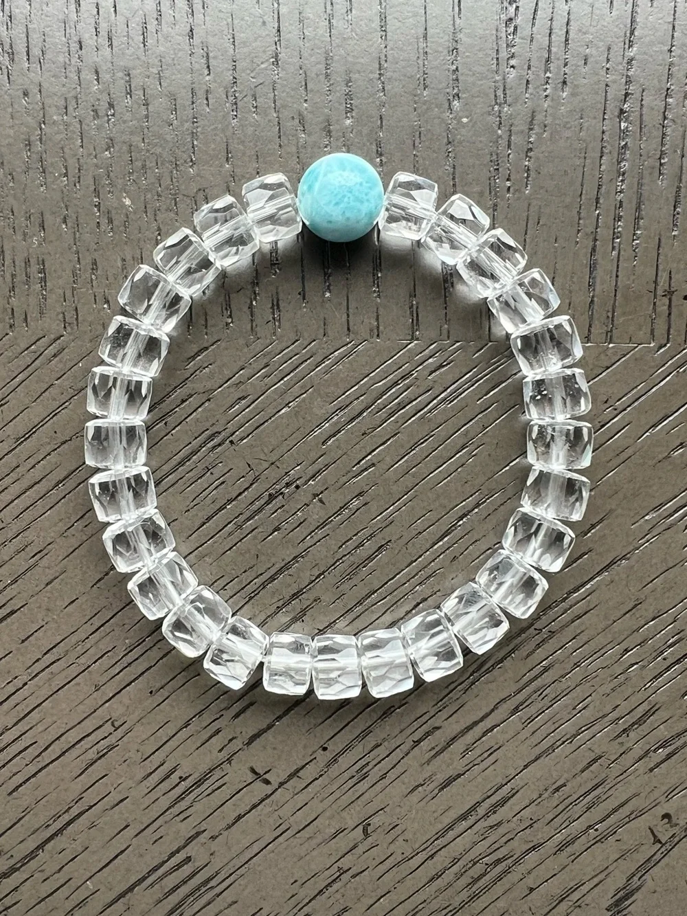 HQ Faceted Clear Quartz with Larimar bracelet 8-11mm SIZE 6.75’